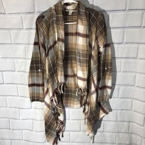 Cato Size XS Plaid Roll Tab Sleeve Open Front Shirt Brown Plaid Shrug Top